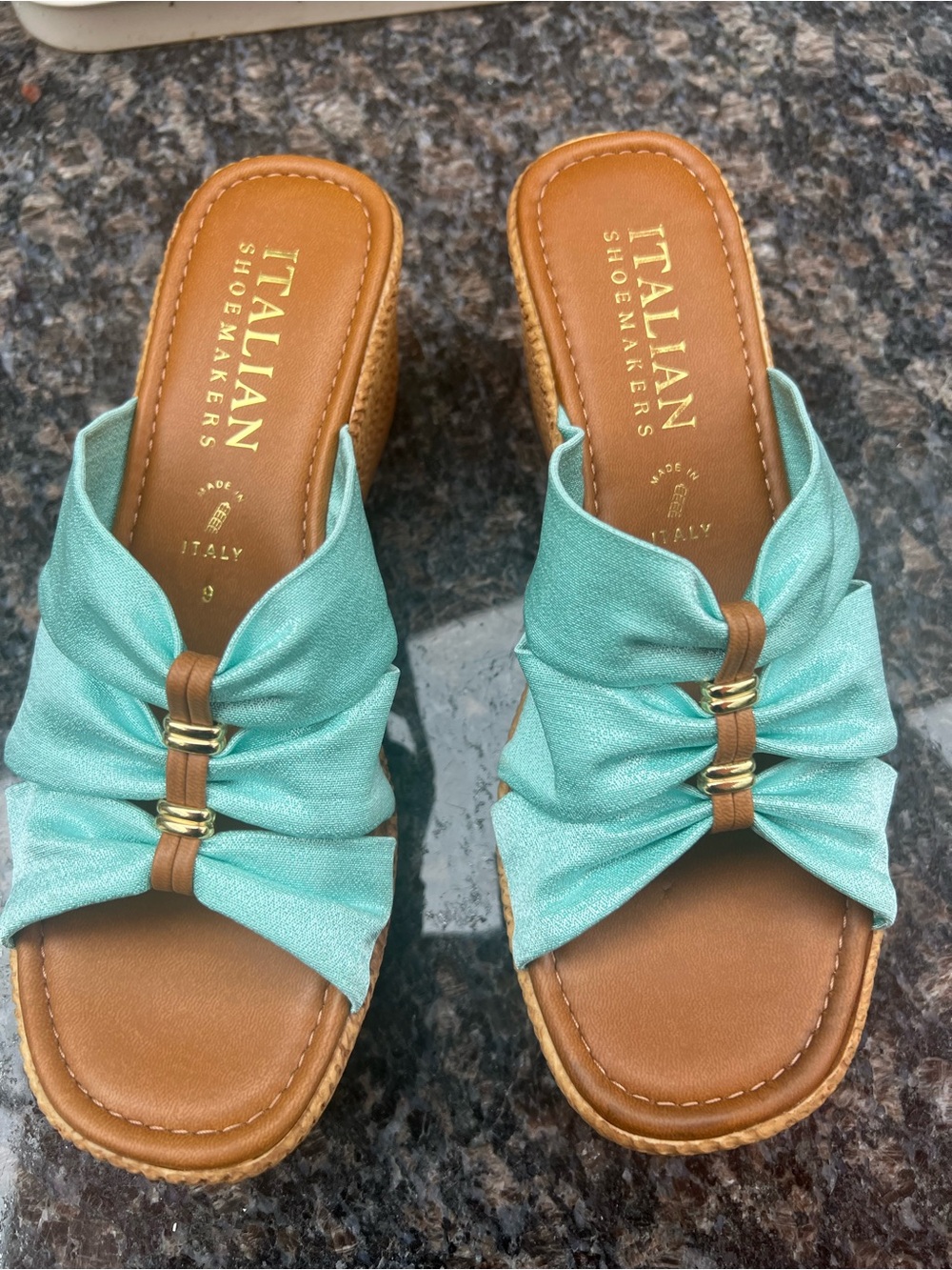 Italian Shoemakers Turquoise and Tan Wedge Slide Sandals